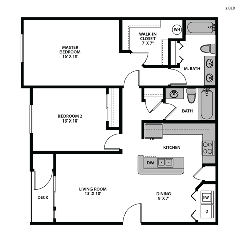 Floor plan for 2 beds, 2 baths, 1102 sqft
